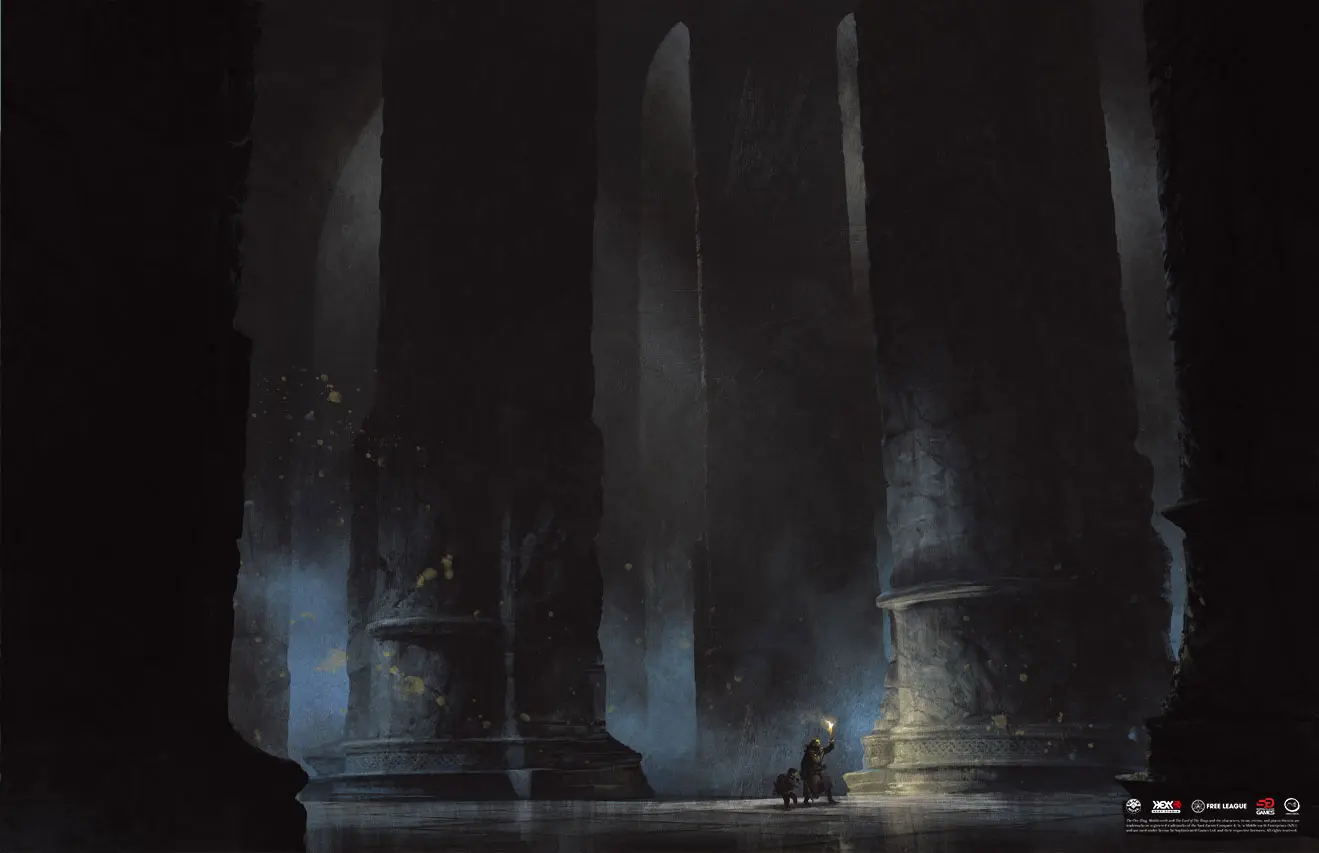 Dwie postaci wędrują przez podziemia Morii